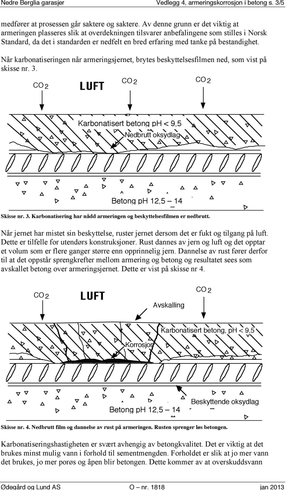 bestandighet. Når karbonatiseringen når armeringsjernet, brytes beskyttelsesfilmen ned, som vist på skisse nr. 3. Karbonatisert betong ph < 9,5 Nedbrutt oksydlag Betong ph 12,5 14 Skisse nr. 3. Karbonatisering har nådd armeringen og beskyttelsesfilmen er nedbrutt.