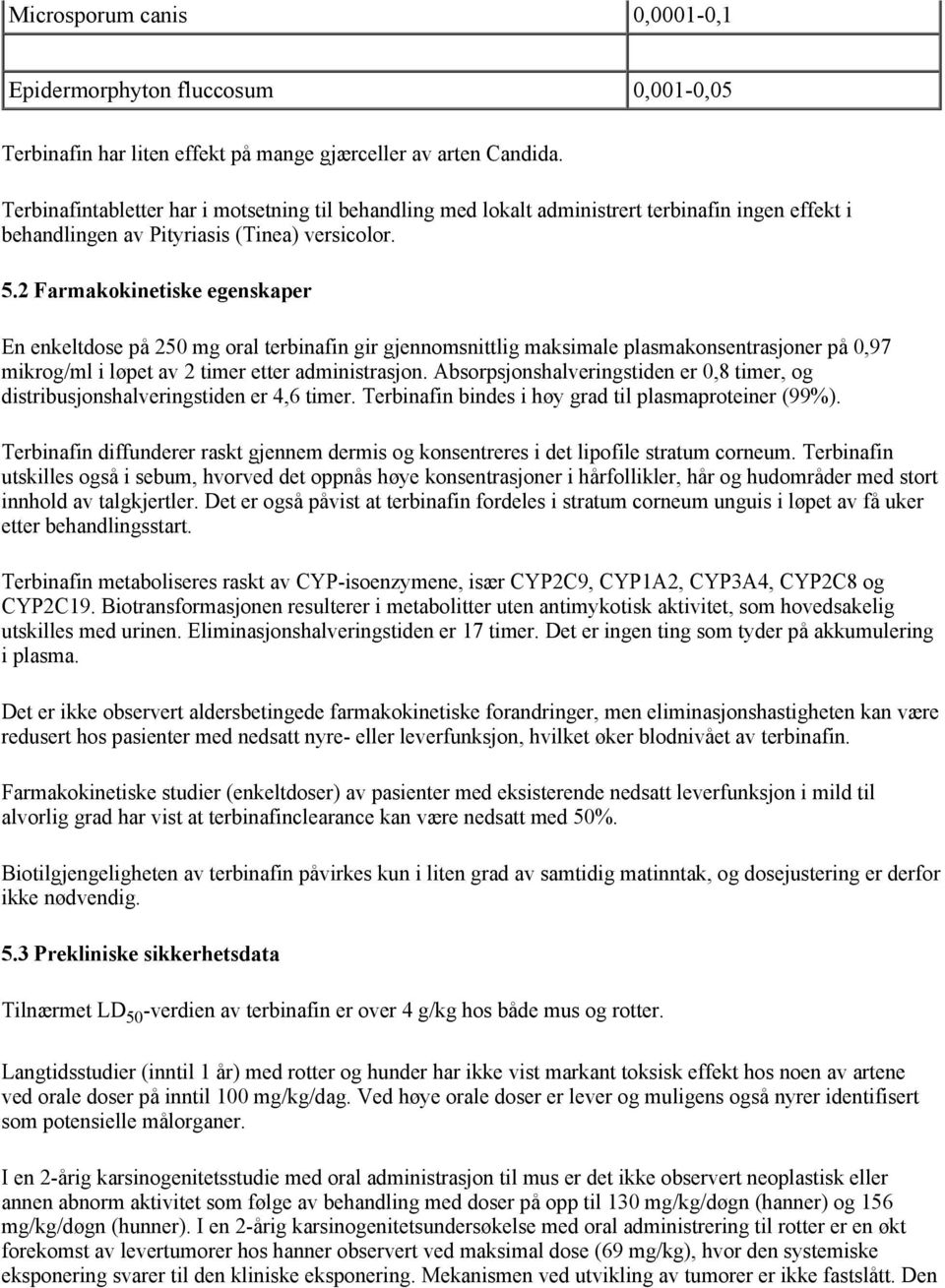 2 Farmakokinetiske egenskaper En enkeltdose på 250 mg oral terbinafin gir gjennomsnittlig maksimale plasmakonsentrasjoner på 0,97 mikrog/ml i løpet av 2 timer etter administrasjon.