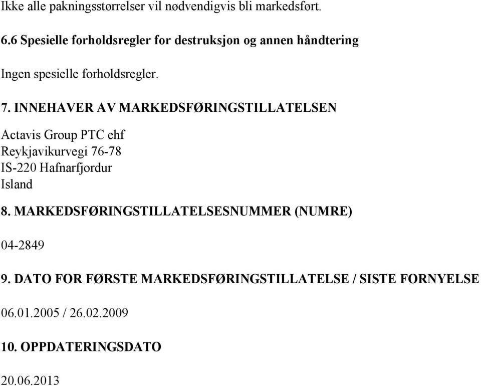 INNEHAVER AV MARKEDSFØRINGSTILLATELSEN Actavis Group PTC ehf Reykjavikurvegi 76-78 IS-220 Hafnarfjordur Island