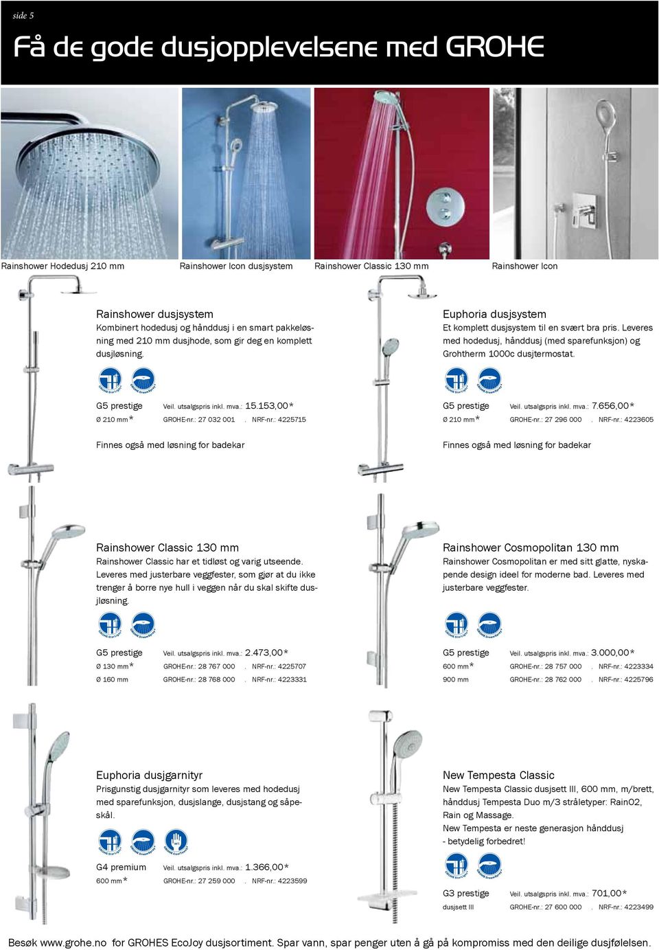 Leveres med hodedusj, hånddusj (med sparefunksjon) og Grohtherm 1000c dusjtermostat. G5 prestige Veil. utsalgspris inkl. mva.: 15.153,00* Ø 210 mm* Grohe-nr.: 27 032 001. NRF-nr.