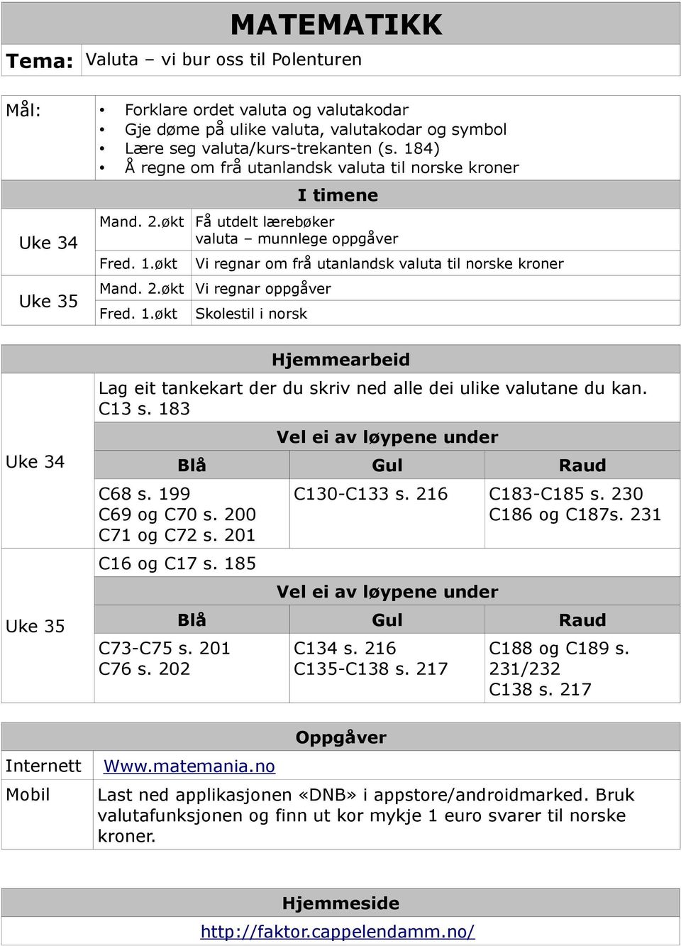 økt I timene Få utdelt lærebøker valuta munnlege oppgåver Vi regnar om frå utanlandsk valuta til norske kroner Mand. 2.økt Vi regnar oppgåver Fred. 1.