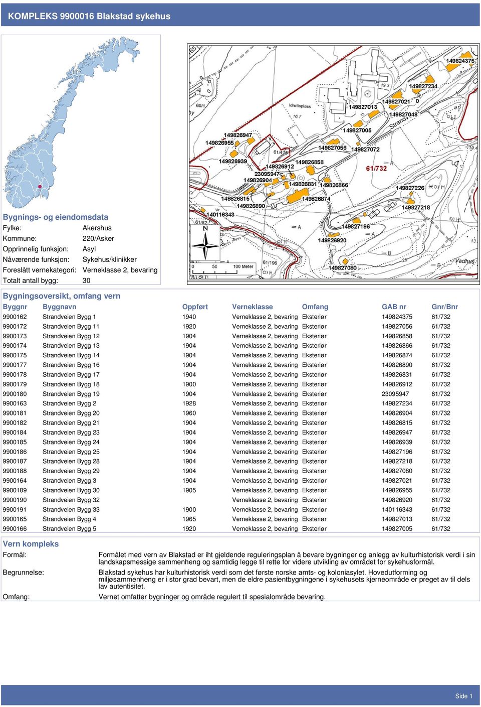 Bygg 11 1920 Verneklasse 2, bevaring Eksteriør 149827056 61/732 9900173 Strandveien Bygg 12 1904 Verneklasse 2, bevaring Eksteriør 149826858 61/732 9900174 Strandveien Bygg 13 1904 Verneklasse 2,