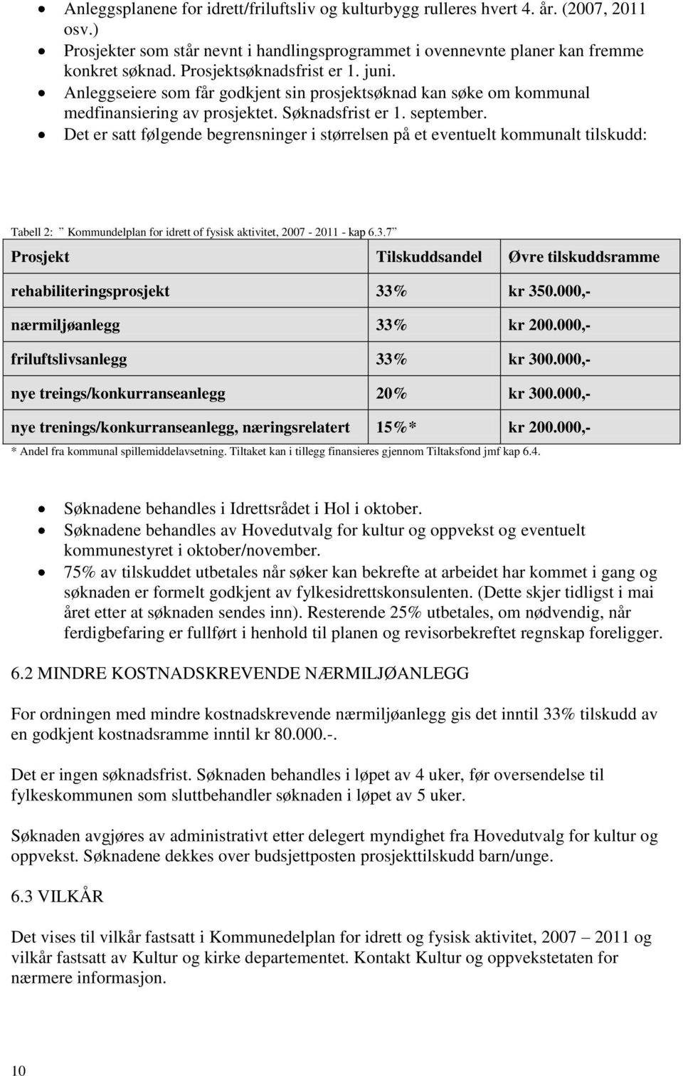 Det er satt følgende begrensninger i størrelsen på et eventuelt kommunalt tilskudd: Tabell 2: Kommundelplan for idrett of fysisk aktivitet, 2007-2011 - kap 6.3.