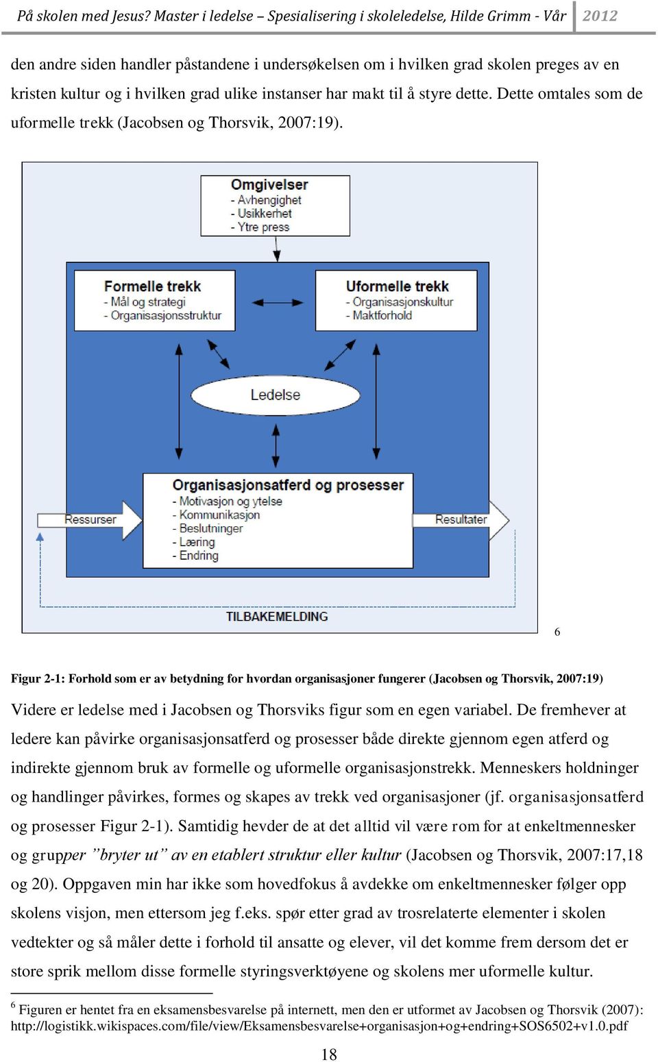 6 Figur 2-1: Forhold som er av betydning for hvordan organisasjoner fungerer (Jacobsen og Thorsvik, 2007:19) Videre er ledelse med i Jacobsen og Thorsviks figur som en egen variabel.