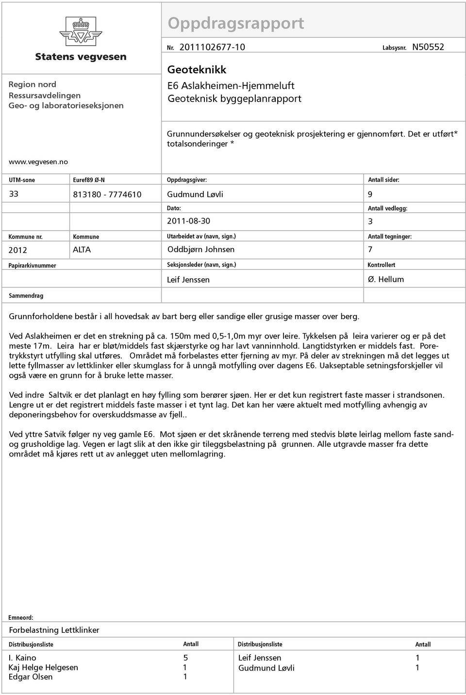 Det er utført* totalsonderinger * www.vegvesen.no UTM-sone Euref89 Ø-N 33 813180-7774610 Oppdragsgiver: Antall sider: Gudmund Løvli 9 Dato: Antall vedlegg: 2011-08-30 3 Kommune nr.