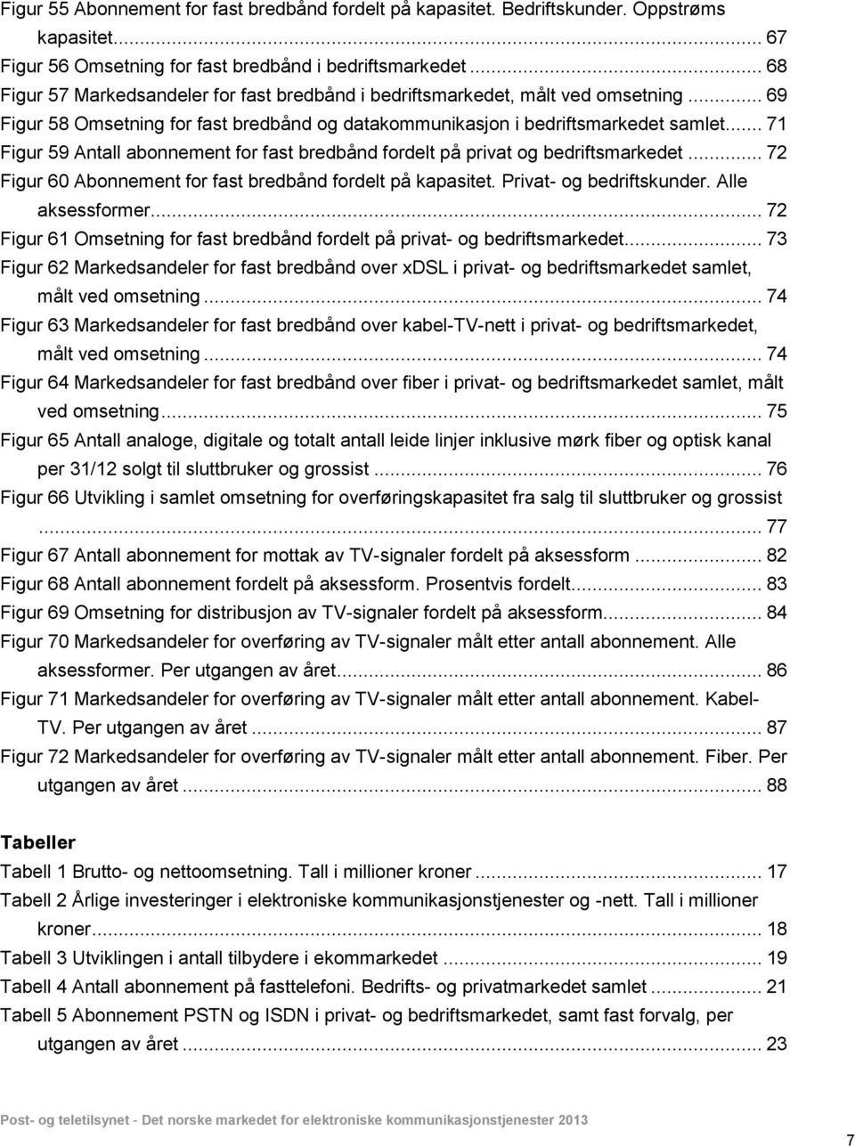 .. 71 Figur 59 Antall abonnement for fast bredbånd fordelt på privat og bedriftsmarkedet... 72 Figur 60 Abonnement for fast bredbånd fordelt på kapasitet. Privat- og bedriftskunder. Alle aksessformer.