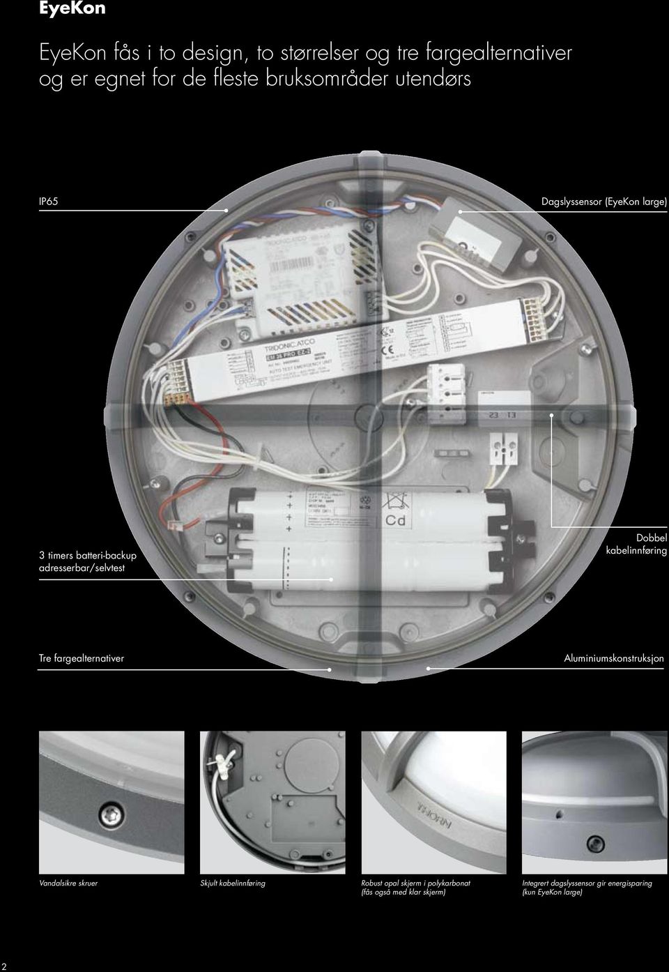 Dobbel kabelinnføring Tre fargealternativer Aluminiumskonstruksjon Vandalsikre skruer Skjult