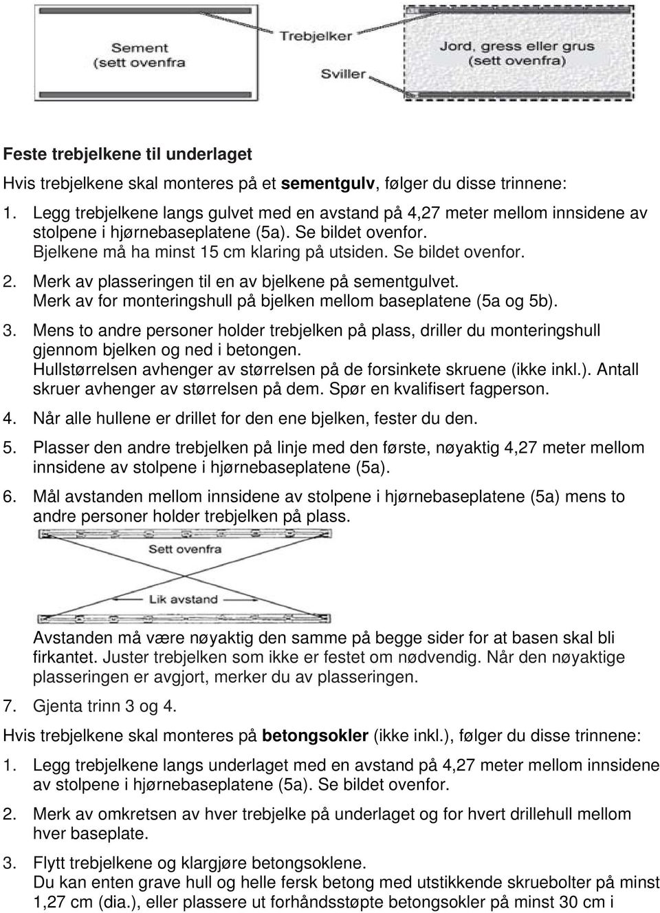 Merk av plasseringen til en av bjelkene på sementgulvet. Merk av for monteringshull på bjelken mellom baseplatene (5a og 5b). 3.