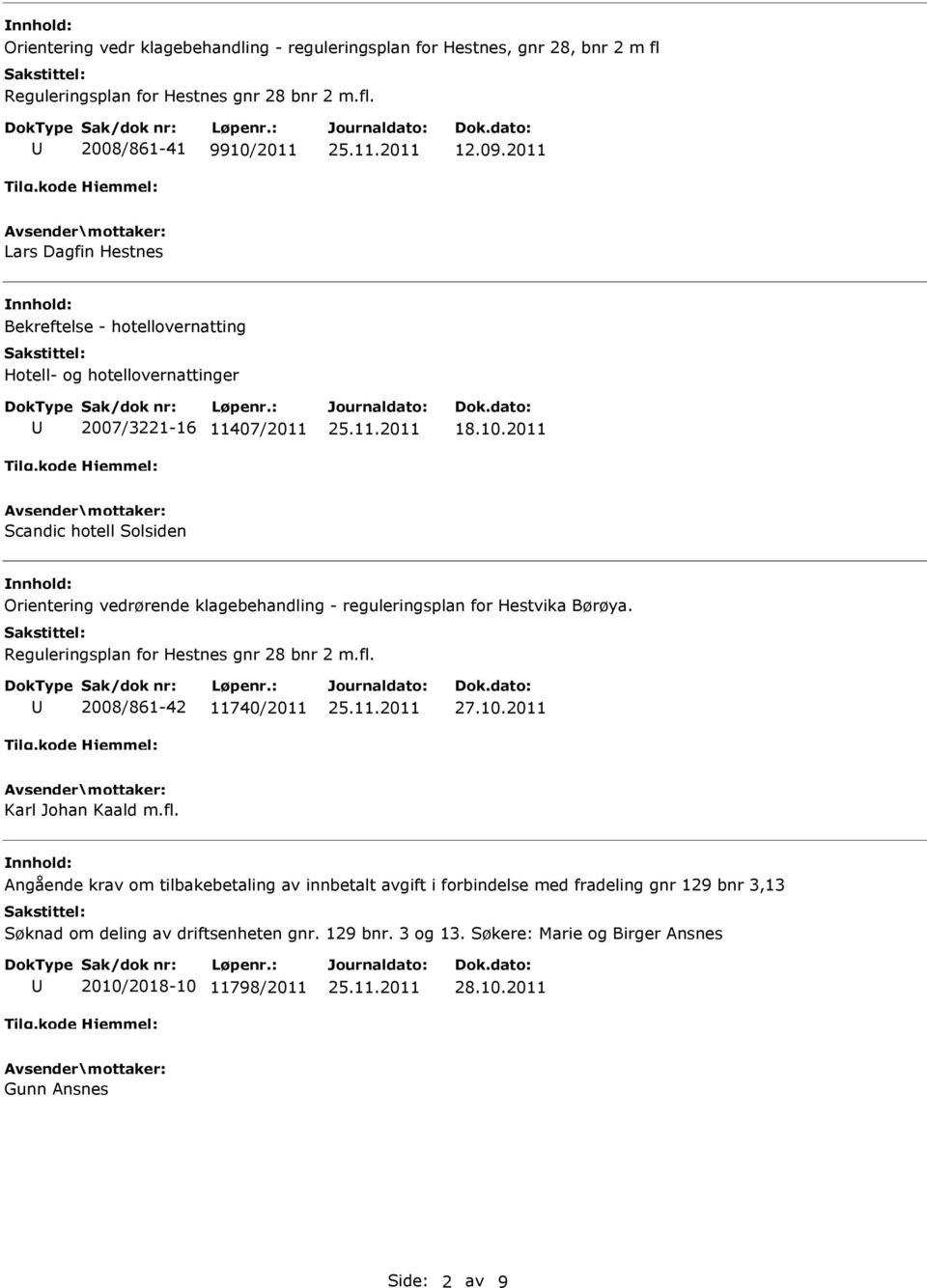 2011 Scandic hotell Solsiden Orientering vedrørende klagebehandling - reguleringsplan for Hestvika Børøya. Reguleringsplan for Hestnes gnr 28 bnr 2 m.fl. 2008/861-42 11740/2011 27.10.