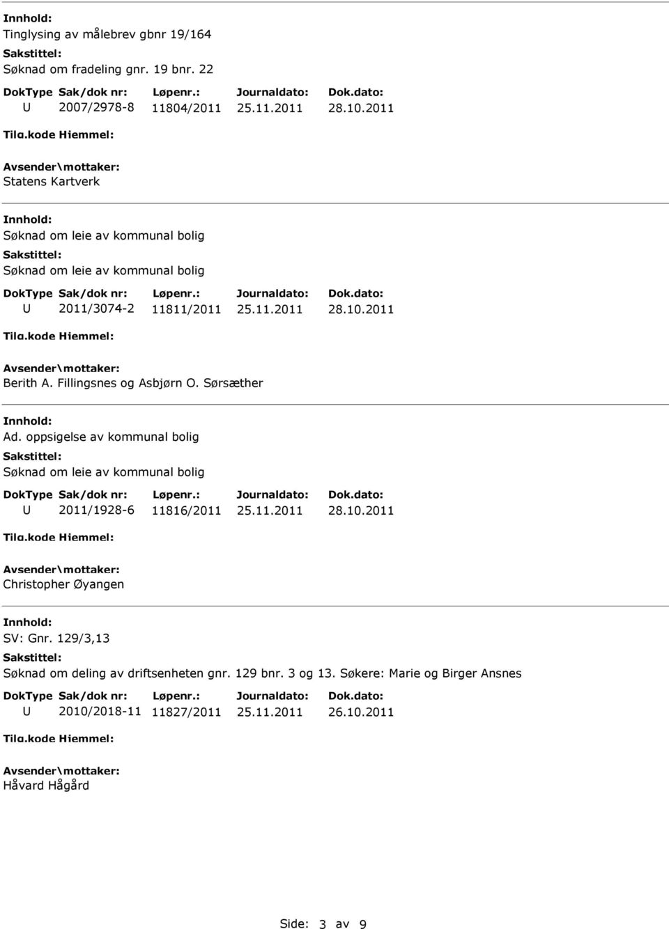 Fillingsnes og Asbjørn O. Sørsæther Ad. oppsigelse av kommunal bolig Søknad om leie av kommunal bolig 2011/1928-6 11816/2011 28.10.