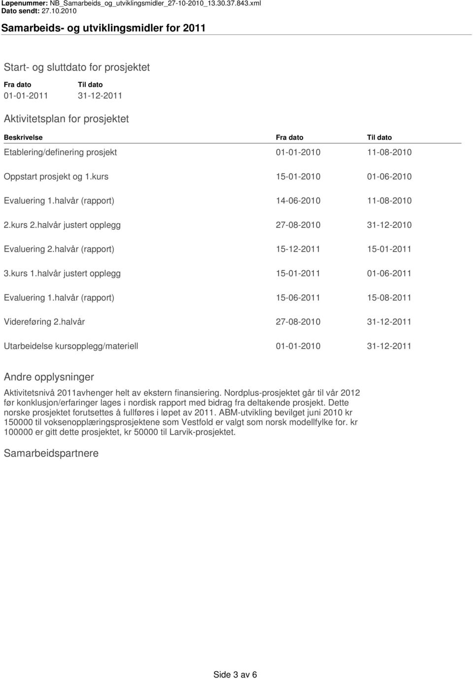 halvår (rapport) 15-12-2011 15-01-2011 3.kurs 1.halvår justert opplegg 15-01-2011 01-06-2011 Evaluering 1.halvår (rapport) 15-06-2011 15-08-2011 Videreføring 2.