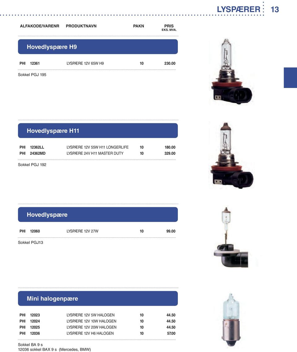 00 PHI 24362MD LYSPÆRE 24V H11 MASTER DUTY 10 329.00 Sokkel PGJ 192 Hovedlyspære PHI 12060 LYSPÆRE 12V 27W 10 99.