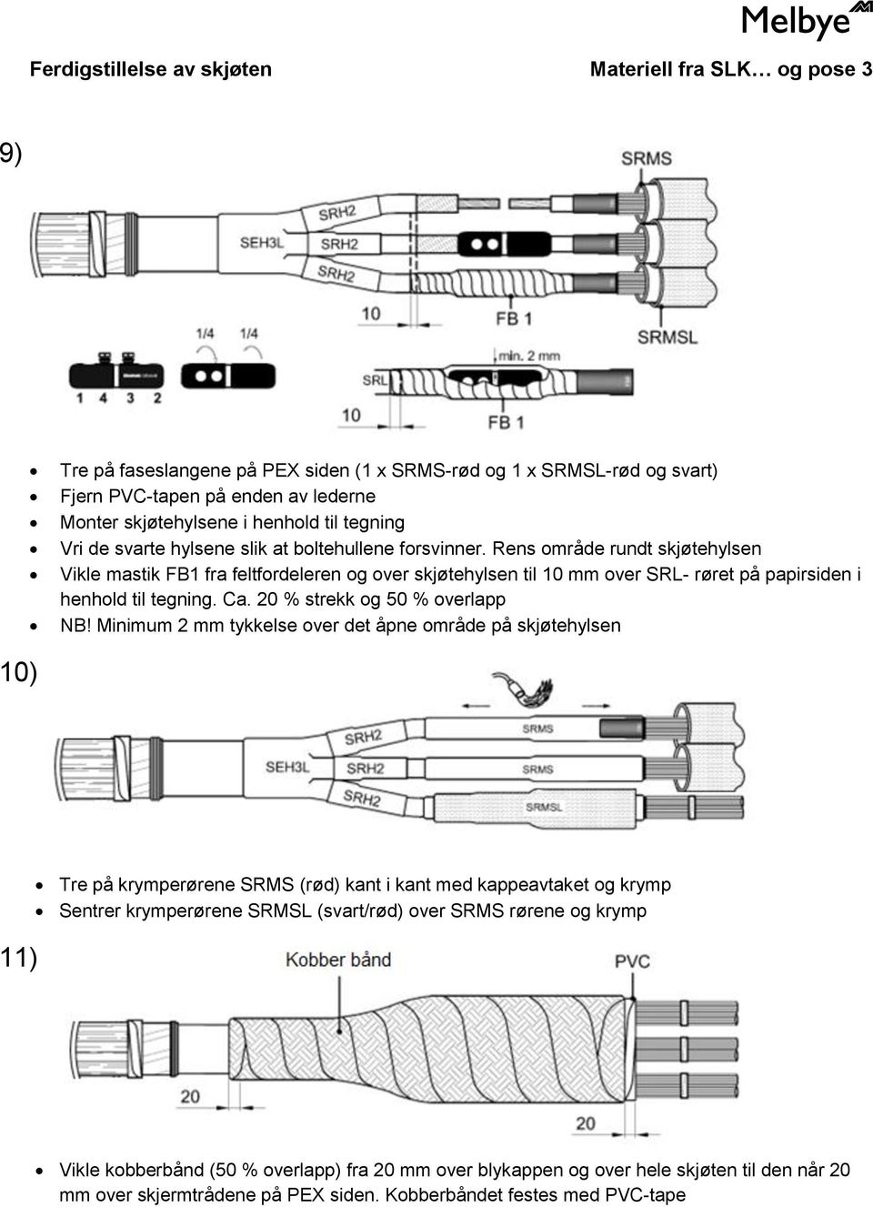 Rens område rundt skjøtehylsen Vikle mastik FB1 fra feltfordeleren og over skjøtehylsen til 10 mm over SRL- røret på papirsiden i henhold til tegning. Ca. 20 % strekk og 50 % overlapp NB!