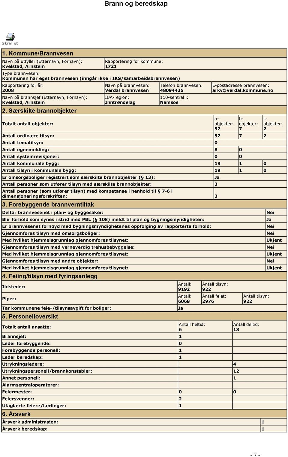 Særskilte brannobjekter Totalt antall objekter: Navn på brannvesen: brannvesen IUA-region: Inntrøndelag Telefon brannvesen: 4894435 11-sentral i: Namsos E-postadresse brannvesen: arkv@verdal.kommune.