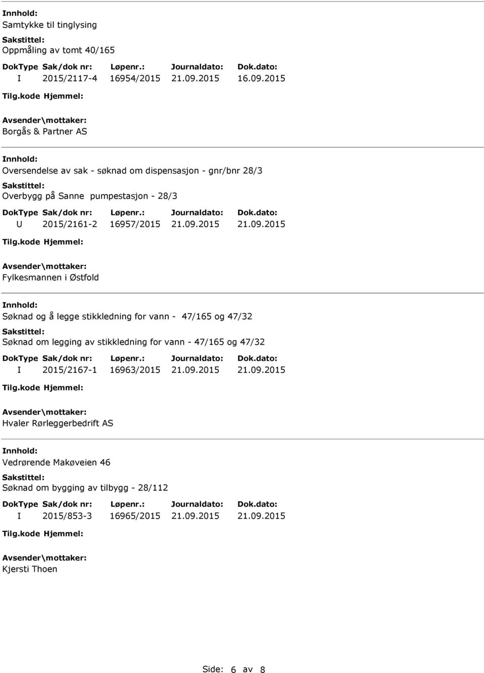 2015/2161-2 16957/2015 Fylkesmannen i Østfold Søknad og å legge stikkledning for vann - 47/165 og 47/32 Søknad om legging av