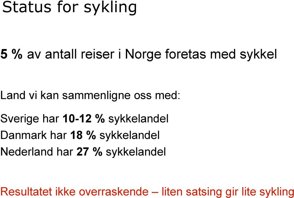 sykkelandel Danmark har 18 % sykkelandel Nederland har 27 %