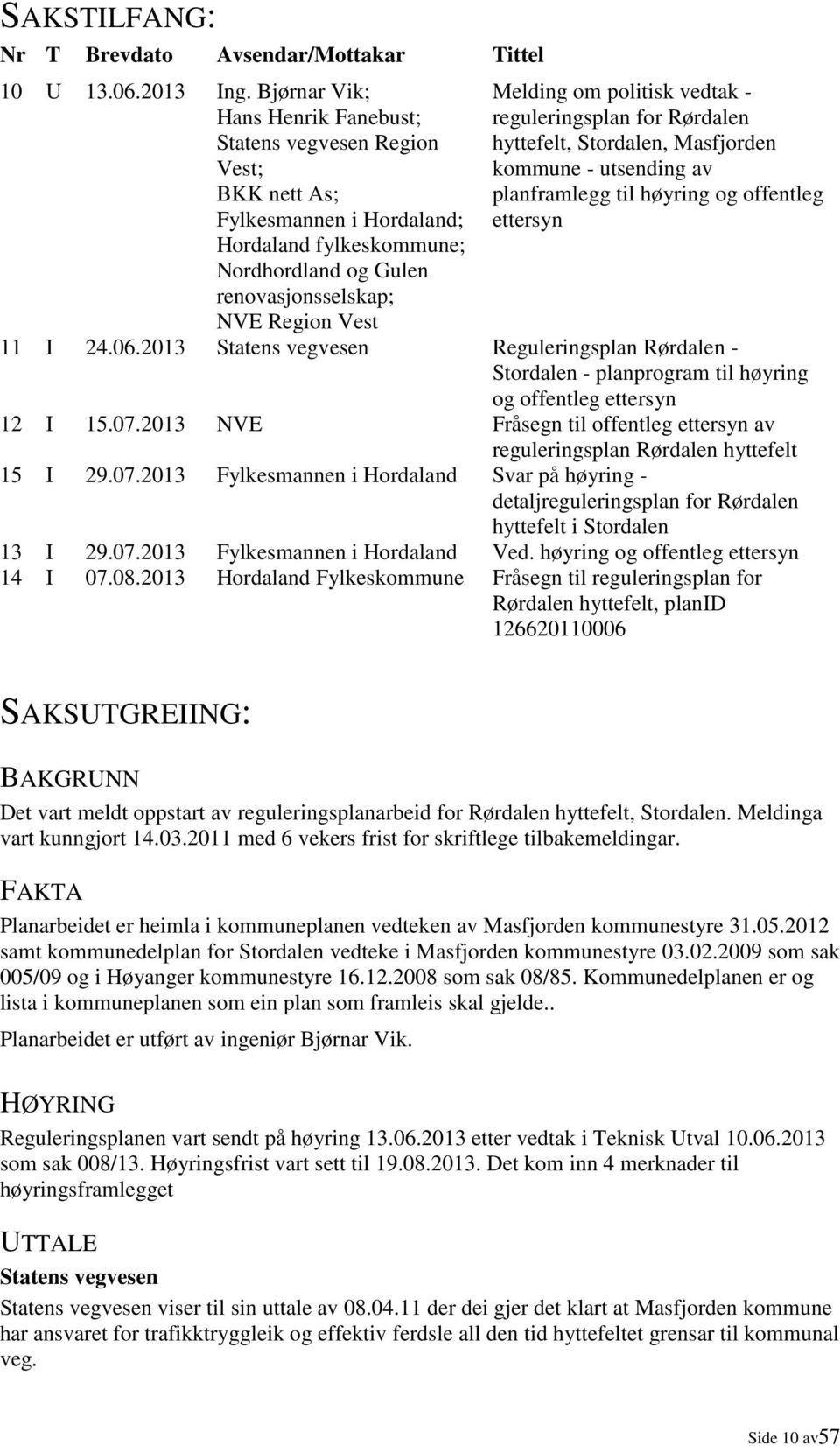 politisk vedtak - reguleringsplan for Rørdalen hyttefelt, Stordalen, Masfjorden kommune - utsending av planframlegg til høyring og offentleg ettersyn 11 I 24.06.
