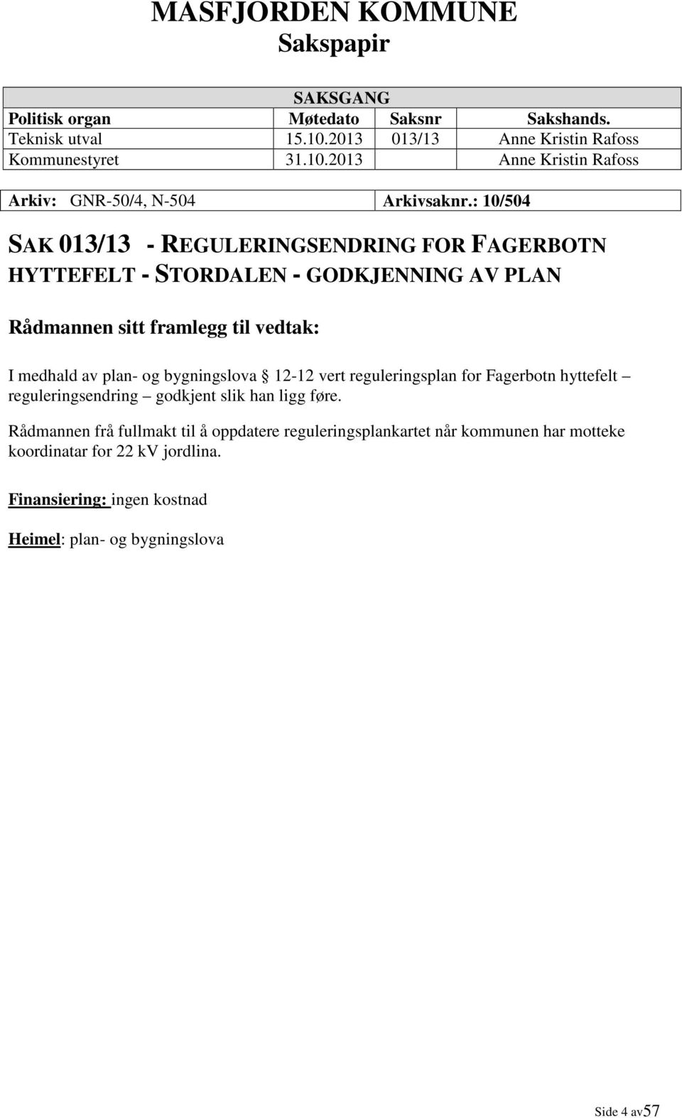 bygningslova 12-12 vert reguleringsplan for Fagerbotn hyttefelt reguleringsendring godkjent slik han ligg føre.