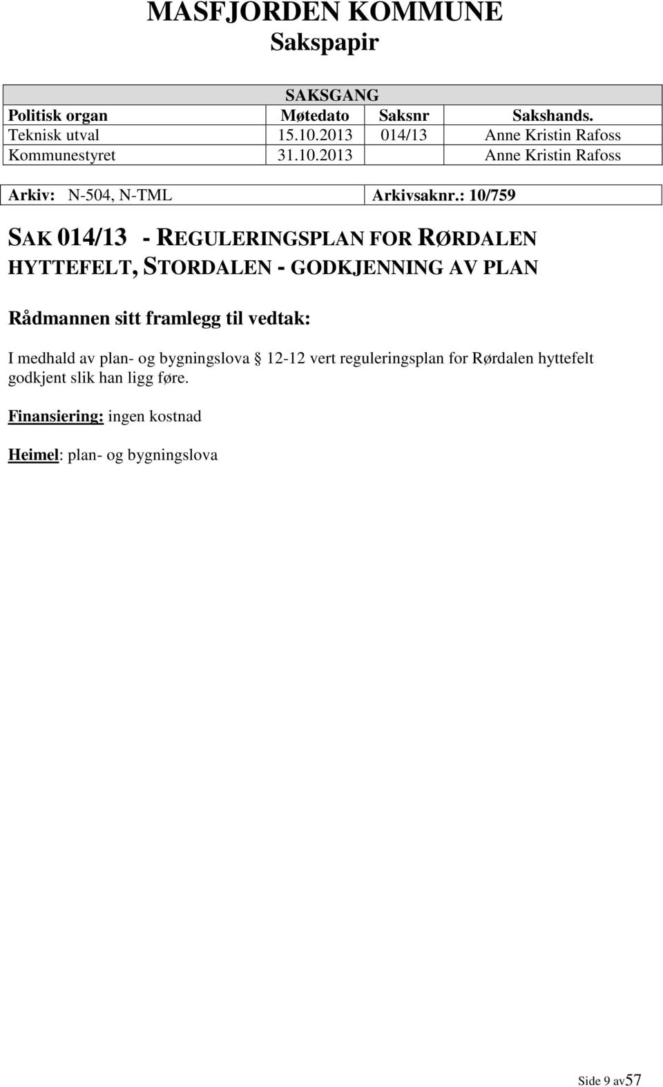 : 10/759 SAK 014/13 - REGULERINGSPLAN FOR RØRDALEN HYTTEFELT, STORDALEN - GODKJENNING AV PLAN Rådmannen sitt framlegg til vedtak: