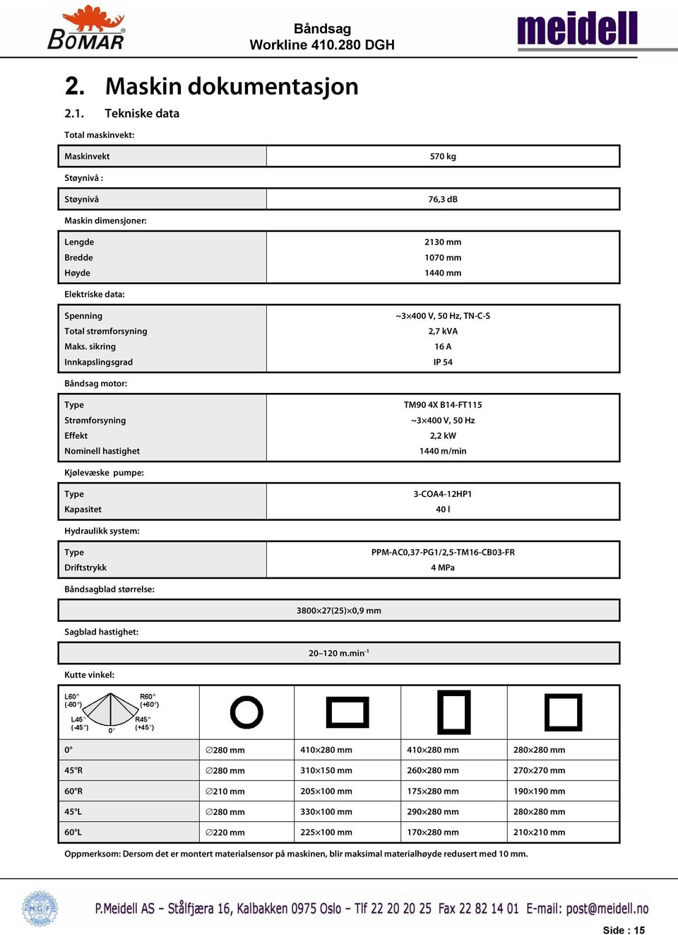 sikring Innkapslingsgrad ~3 400 V, 50 Hz, TN-C-S 2,7 kva 16 A IP 54 Båndsag motor: Type Strømforsyning Effekt Nominell hastighet TM90 4X B14-FT115 ~3 400 V, 50 Hz 2,2 kw 1440 m/min Kjølevæske pumpe: