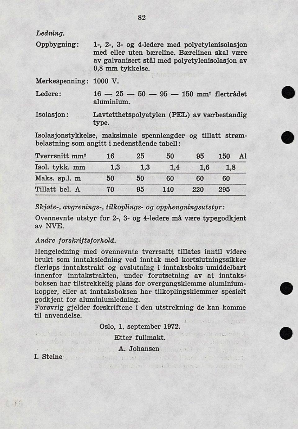 Isolasjonstykkelse, maksimale spennlengder og tillatt strøm belastning som angitt i nedenstående tabell : errsni mm2 sol. tykk. mm 1,3 1,3 1,4 1,6 1,8 aks. sp.l. m 50 50 60 60 60 illatt bel.