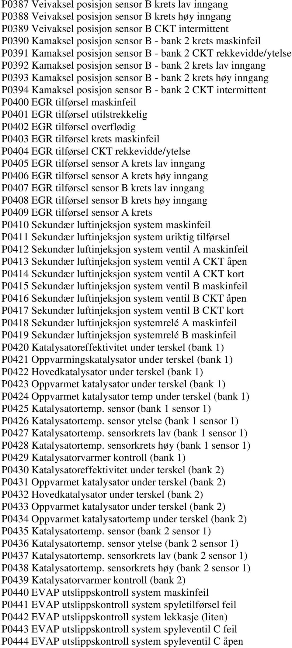 inngang P0394 Kamaksel posisjon sensor B - bank 2 CKT intermittent P0400 EGR tilførsel maskinfeil P0401 EGR tilførsel utilstrekkelig P0402 EGR tilførsel overflødig P0403 EGR tilførsel krets