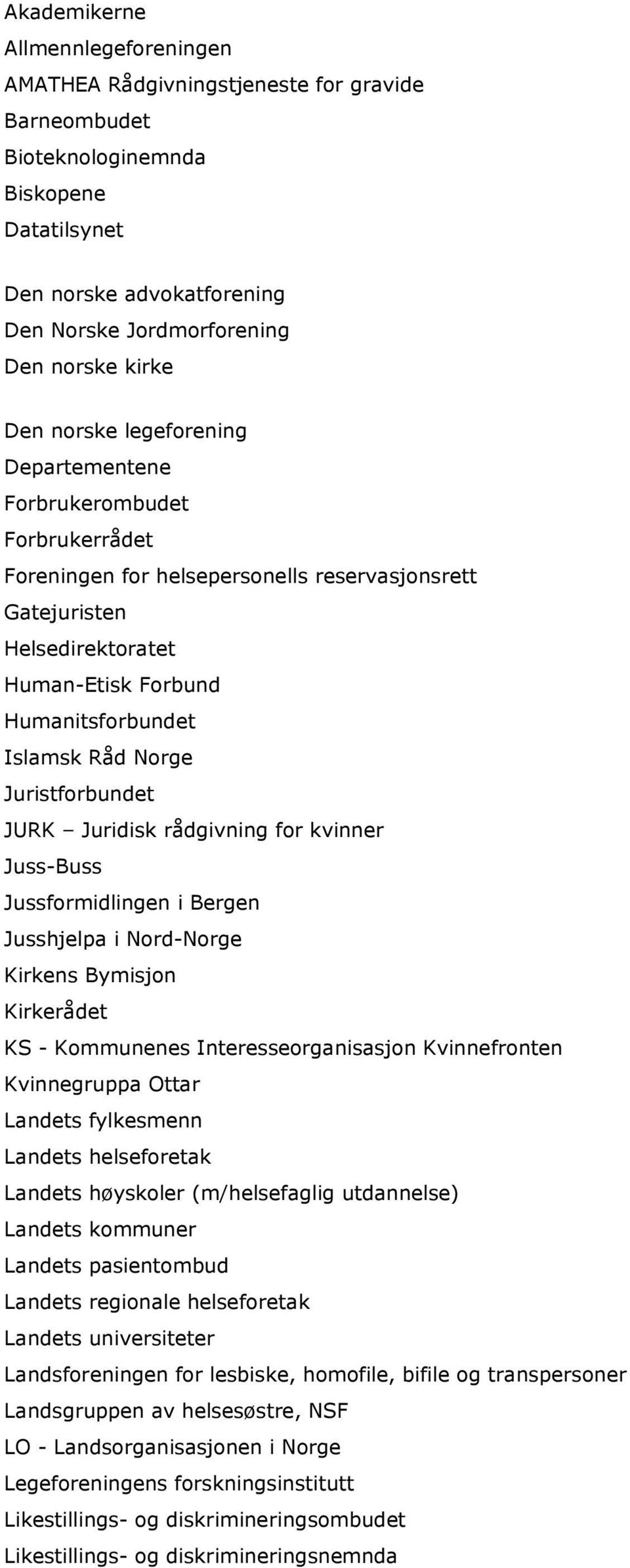 Islamsk Råd Norge Juristforbundet JURK Juridisk rådgivning for kvinner Juss-Buss Jussformidlingen i Bergen Jusshjelpa i Nord-Norge Kirkens Bymisjon Kirkerådet KS - Kommunenes Interesseorganisasjon