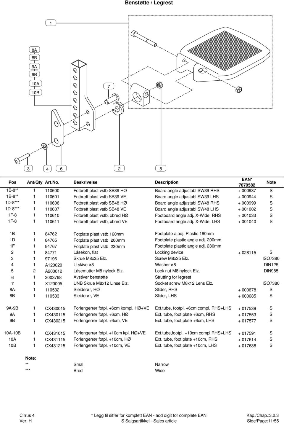 Fotbrett plast vstb, xbred HØ Footboard angle adj. X-Wide, RHS + 0010 S 1F-8 1 110611 Fotbrett plast vstb, xbred VE Footboard angle adj.