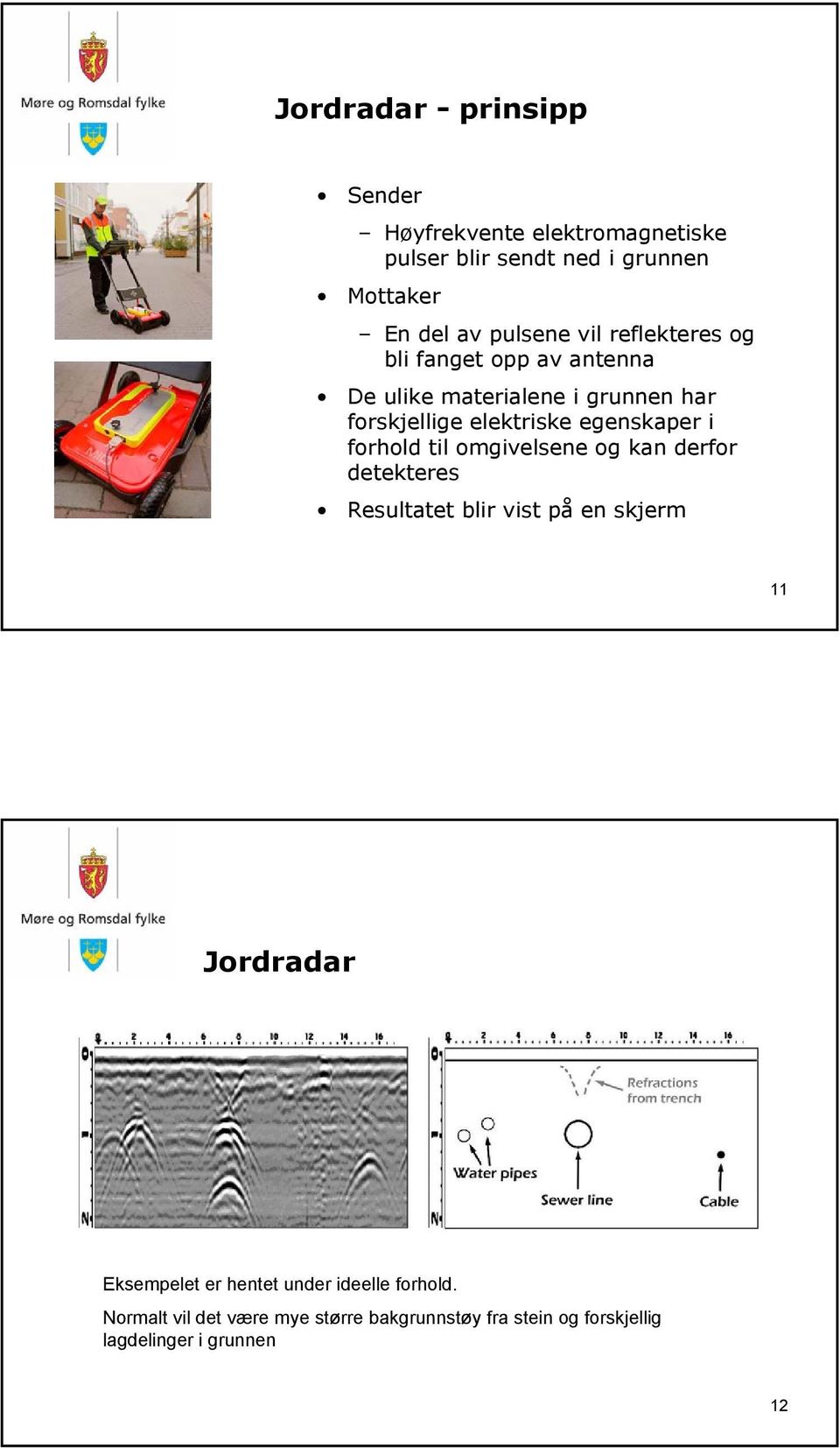 forhold til omgivelsene og kan derfor detekteres Resultatet blir vist på en skjerm 11 Jordradar Eksempelet er hentet