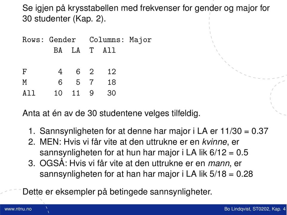 37 2. MEN: Hvis vi får vite at den uttrukne er en kvinne, er sannsynligheten for at hun har major i LA lik 6/12 = 0.5 3.