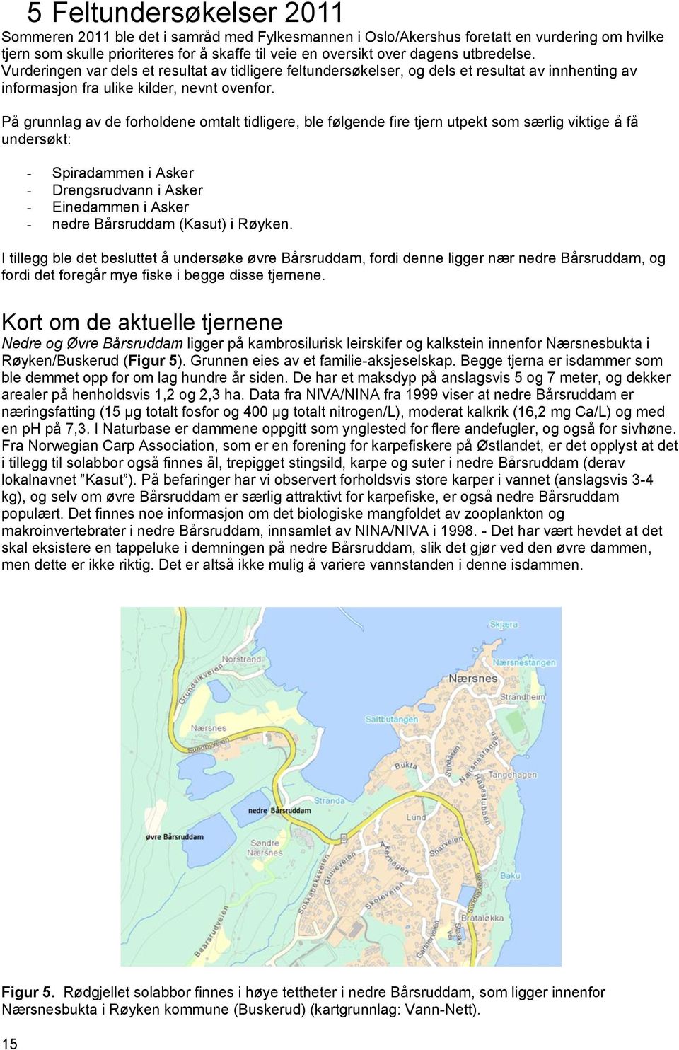 På grunnlag av de forholdene omtalt tidligere, ble følgende fire tjern utpekt som særlig viktige å få undersøkt: - Spiradammen i Asker - Drengsrudvann i Asker - Einedammen i Asker - nedre Bårsruddam