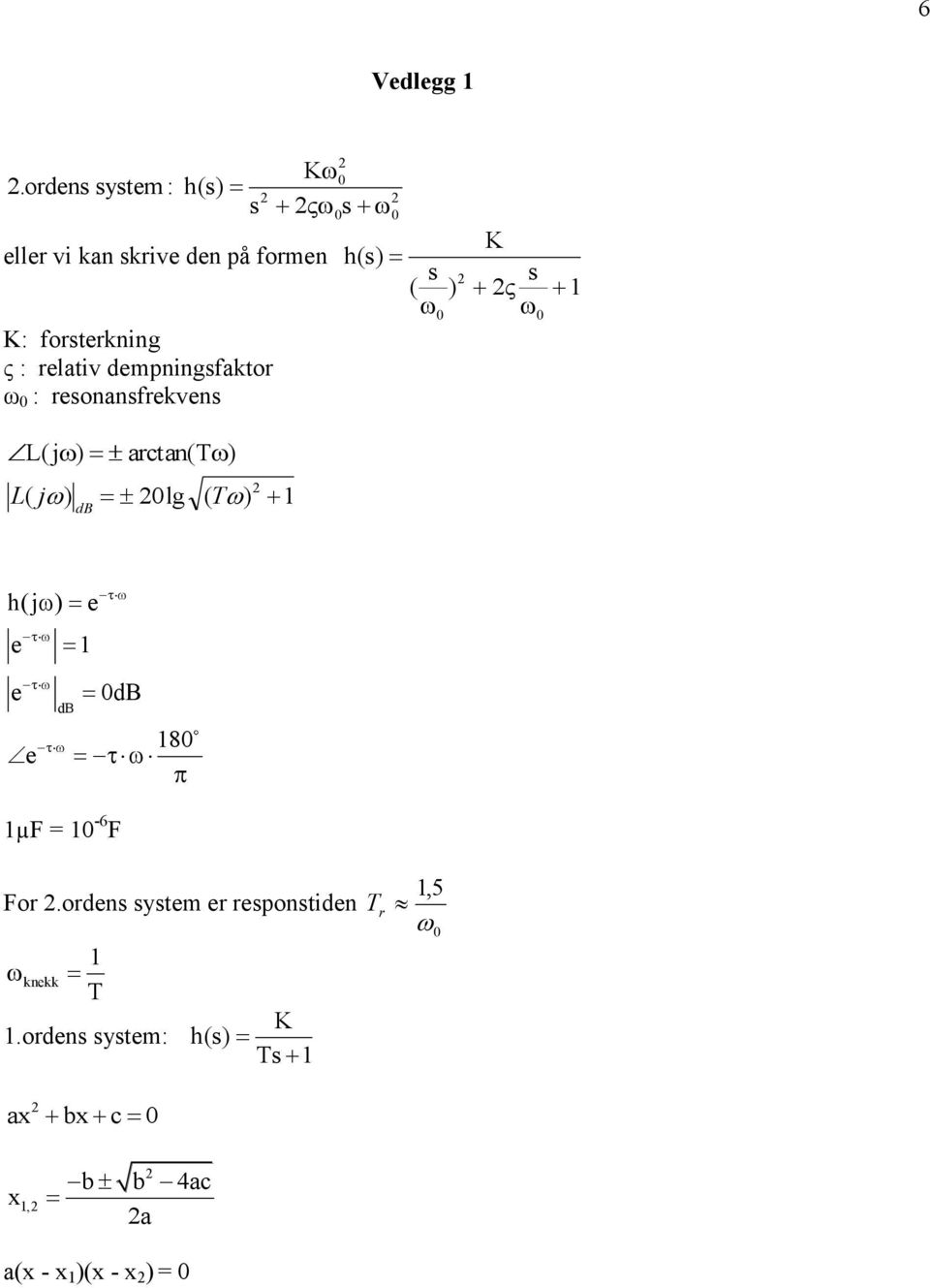 dempningsfaktor ω 0 : resonansfrekvens L(j) arctan(t ) L db ( j) 0lg ( T) 0 0 0 h( s K