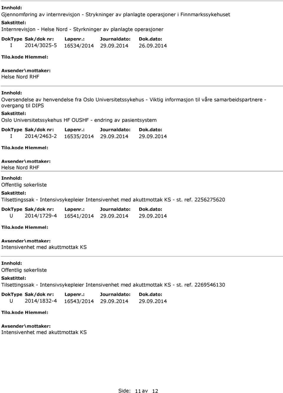 pasientsystem 2014/2463-2 16535/2014 Helse Nord RHF nnhold: Offentlig søkerliste Tilsettingssak - ntensivsykepleier ntensivenhet med akuttmottak KS - st. ref.