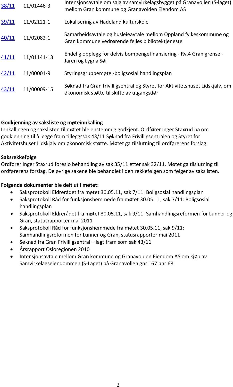 4 Gran grense Jaren og Lygna Sør 42/11 11/00001 9 Styringsgruppemøte boligsosial handlingsplan 43/11 11/00009 15 Søknad fra Gran frivilligsentral og Styret for Aktivitetshuset Lidskjalv, om økonomisk