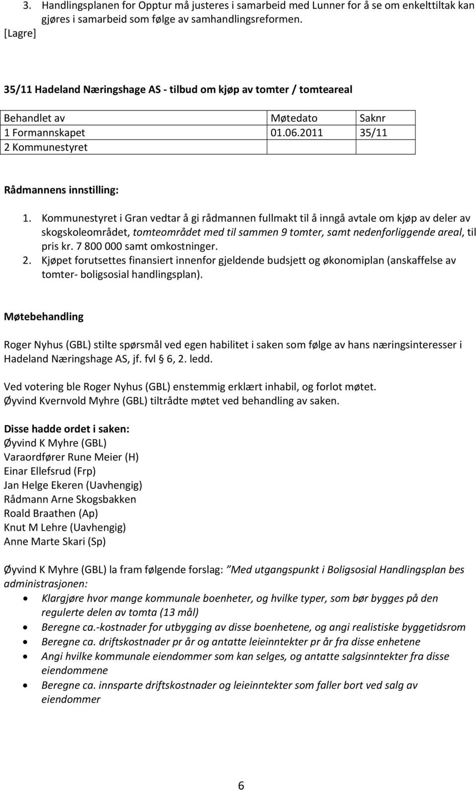 Kommunestyret i Gran vedtar å gi rådmannen fullmakt til å inngå avtale om kjøp av deler av skogskoleområdet, tomteområdet med til sammen 9 tomter, samt nedenforliggende areal, til pris kr.