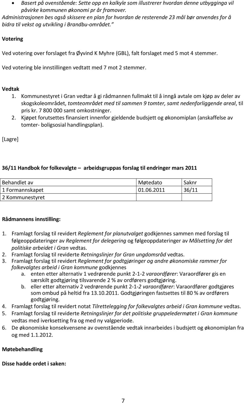 Ved votering over forslaget fra Øyvind K Myhre (GBL), falt forslaget med 5 mot 4 stemmer. Ved votering ble innstillingen vedtatt med 7 mot 2 stemmer. 1.