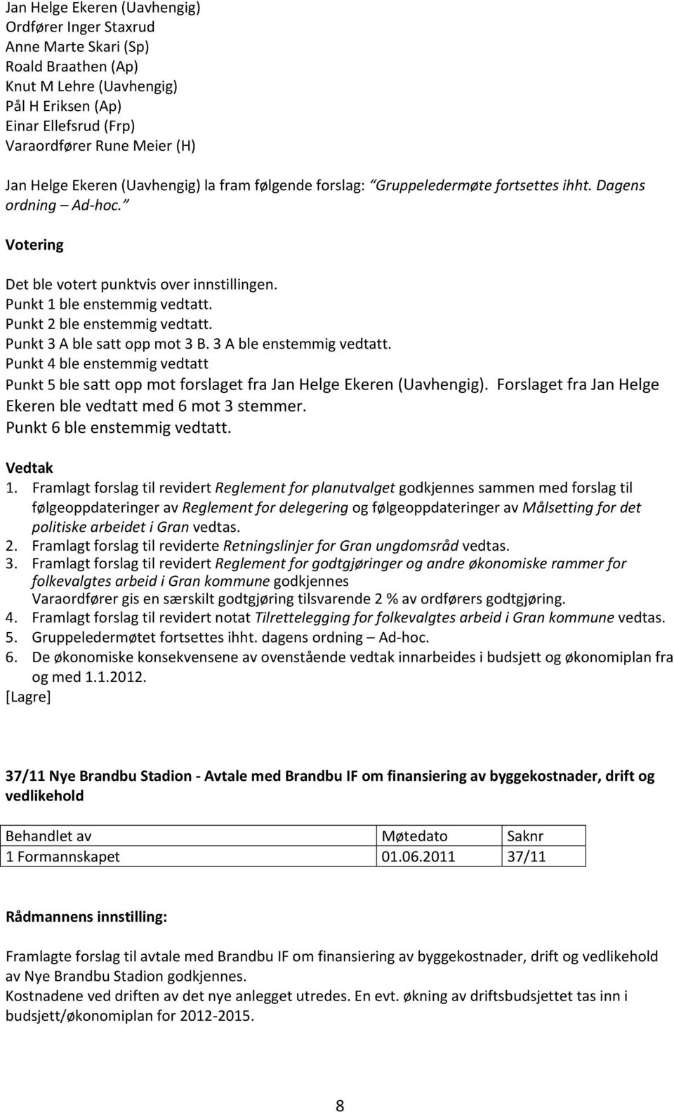 3 A ble enstemmig vedtatt. Punkt 4 ble enstemmig vedtatt Punkt 5 ble satt opp mot forslaget fra Jan Helge Ekeren (Uavhengig). Forslaget fra Jan Helge Ekeren ble vedtatt med 6 mot 3 stemmer.