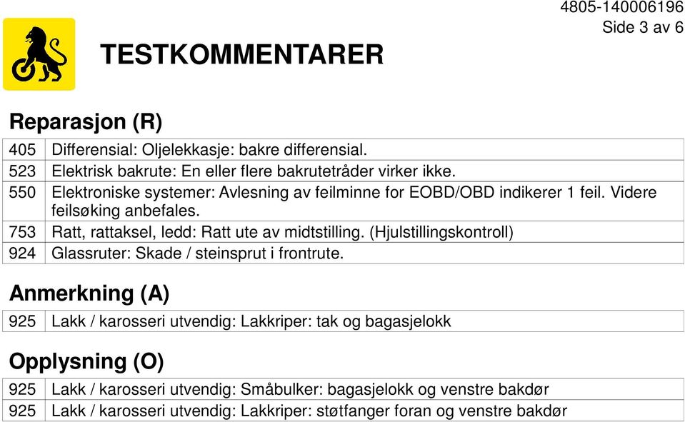 753 Ratt, rattaksel, ledd: Ratt ute av midtstilling. (Hjulstillingskontroll) 924 Glassruter: Skade / steinsprut i frontrute.