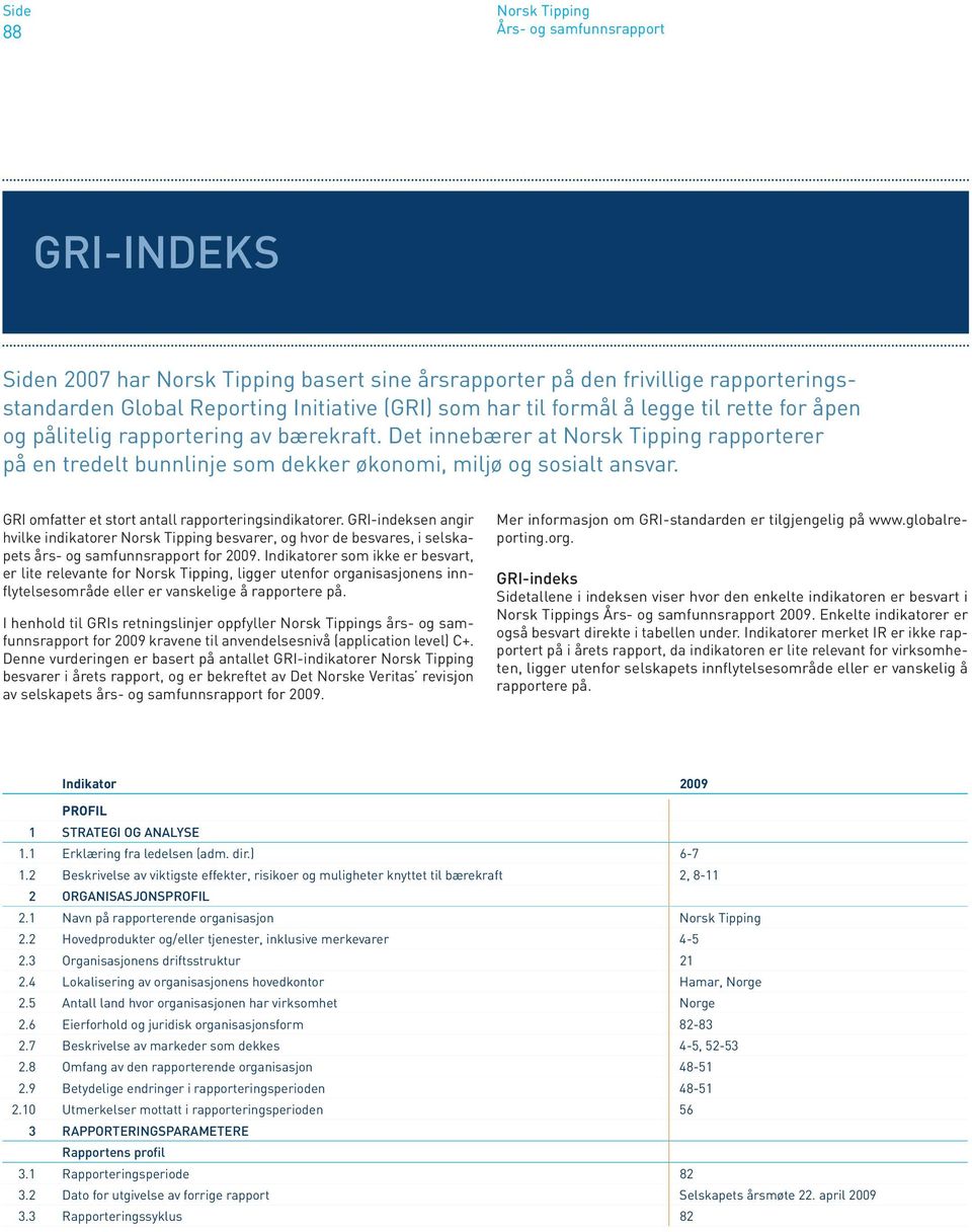 GRI-indeksen angir hvilke indikatorer besvarer, og hvor de besvares, i selskapets års- og samfunnsrapport for 2009.