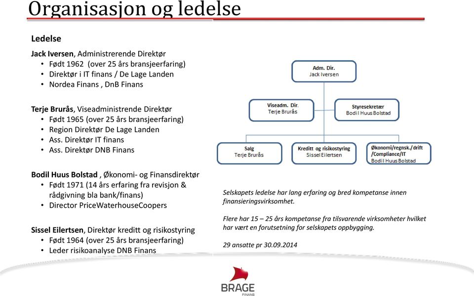 Direktør DNB Finans Bodil Huus Bolstad, Økonomi- og Finansdirektør Født 1971 (14 års erfaring fra revisjon & rådgivning bla bank/finans) Director PriceWaterhouseCoopers Sissel Eilertsen, Direktør