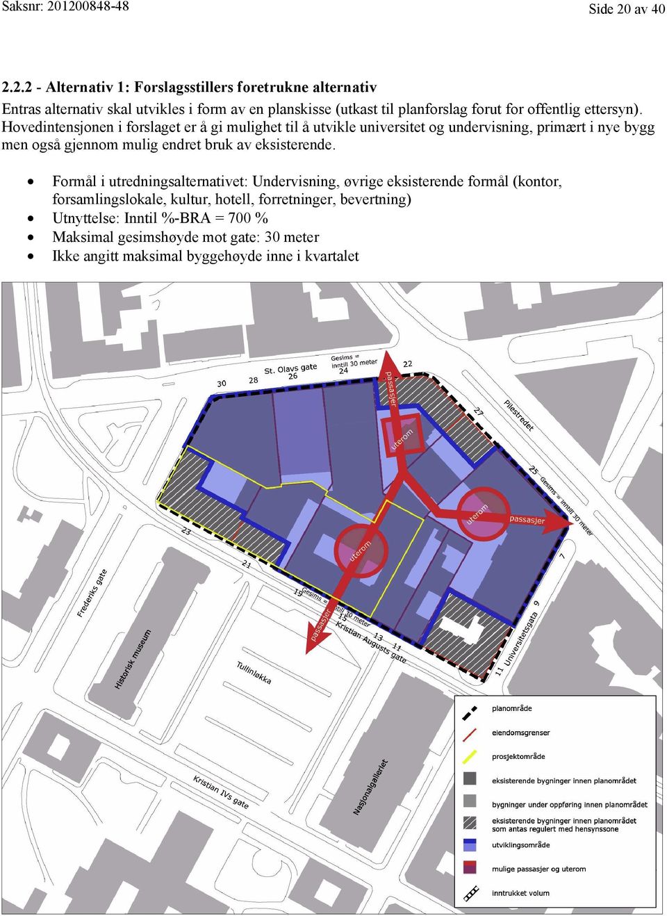 0 Formål i iutredningsaltemativet: utredningsalternativet: Undervisning, øvrige eksisterende formål (kontor, forsamlingslokale, kultur, hotell, forretninger, bevertning) 0 Utnyttelse: Inntil lnntil