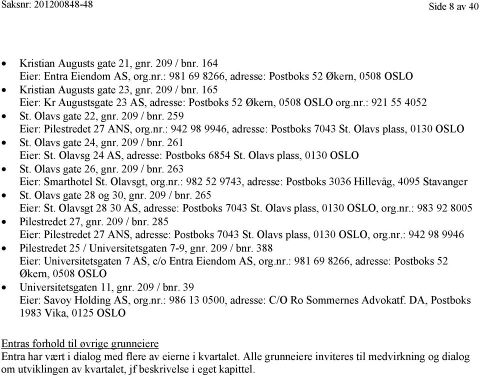 Olavs gate 22, gnr. 209 / bnr. 259 Eier: Pilestredet 27 ANS, org.nr.: 942 98 9946, adresse: Postboks 7043 St. Olavs plass, 0130 OSLO St. Olavs gate 24, gnr. 209 / bnr. 261 Eier: St.