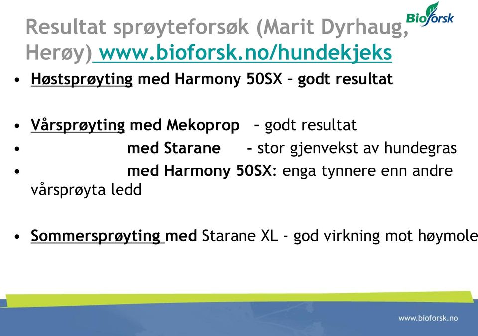 Mekoprop godt resultat med Starane - stor gjenvekst av hundegras med Harmony