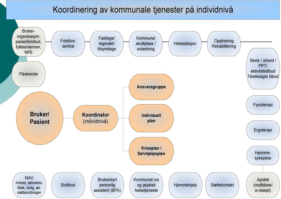 Fysioterapi Bruker/ Pasient Koordinator (individnivå) Individuell plan Ergoterapi Kriseplan / Selvhjelpsplan Hjemmesykepleie NAV Arbeid, aktivitetstiltak,