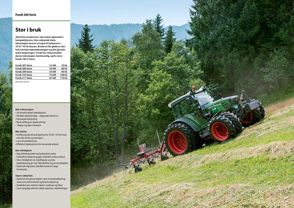 Fendt 207 Vario 51 kw 70 hk Fendt 208 Vario 59 kw 80 hk Fendt 209 Vario 67 kw 90 hk Fendt 210 Vario 73 kw 100 hk Fendt 211 Vario 81 kw 110 hk Maksimaleffekt i flg.