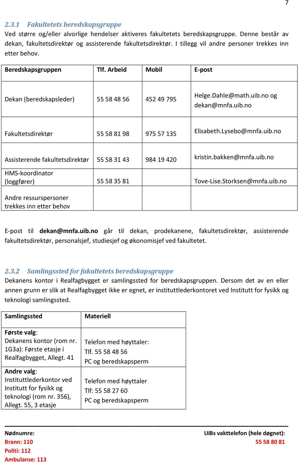 no og dekan@mnfa.uib.no Fakultetsdirektør 55 58 81 98 975 57 135 Elisabeth.Lysebo@mnfa.uib.no Assisterende fakultetsdirektør 55 58 31 43 984 19 420 kristin.bakken@mnfa.uib.no HMS-koordinator (loggfører) 55583581 Tove-Lise.