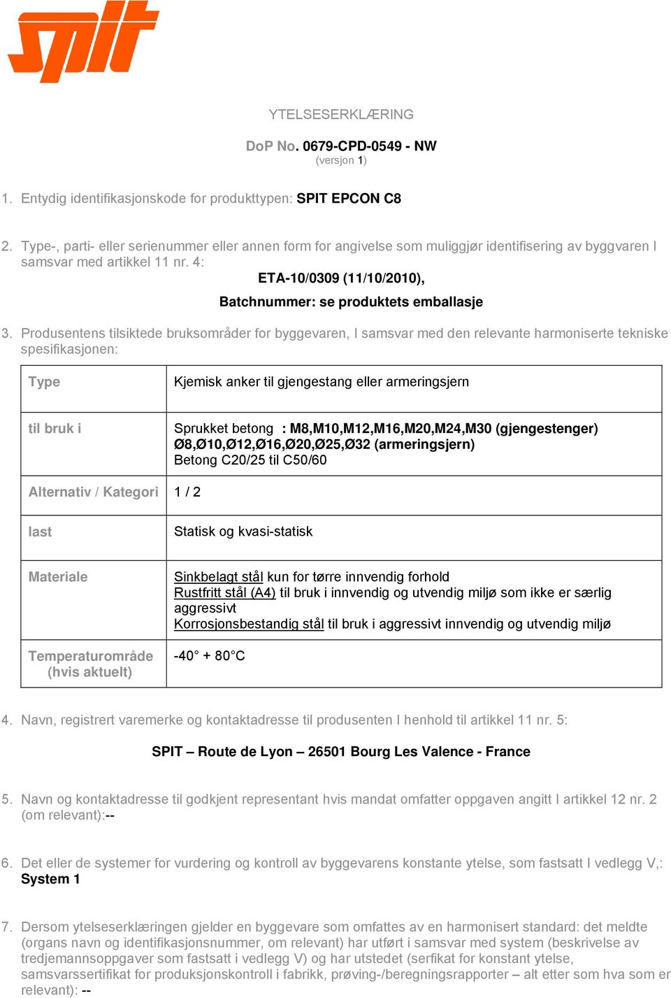 4: ETA-10/0309 (11/10/2010), Batchnummer: se produktets emballasje 3.