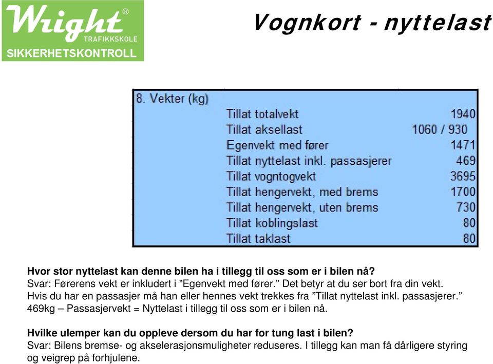 Hvis du har en passasjer må han eller hennes vekt trekkes fra Tillat nyttelast inkl. passasjerer.