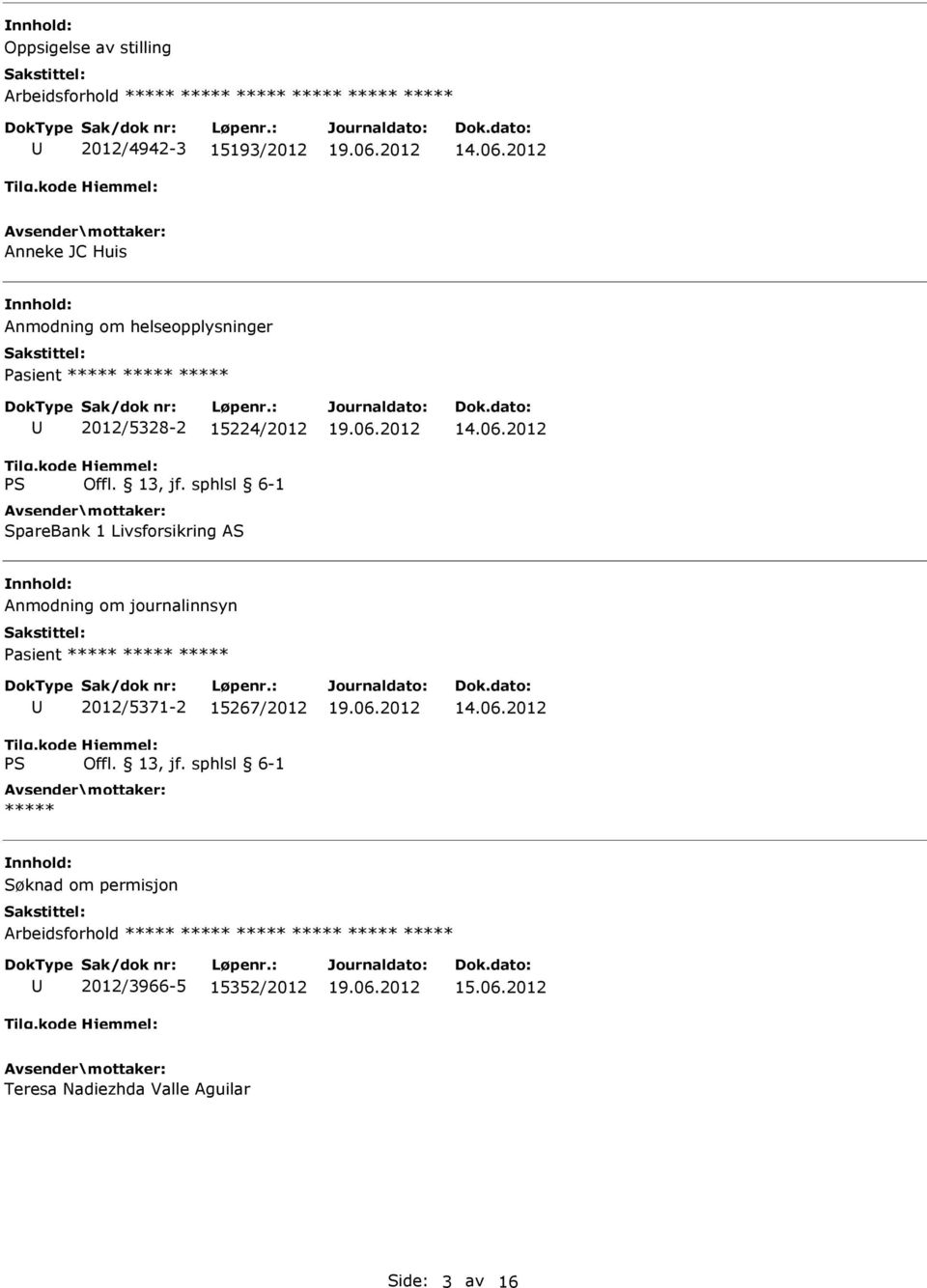 Anmodning om journalinnsyn 2012/5371-2 15267/2012 Søknad om permisjon