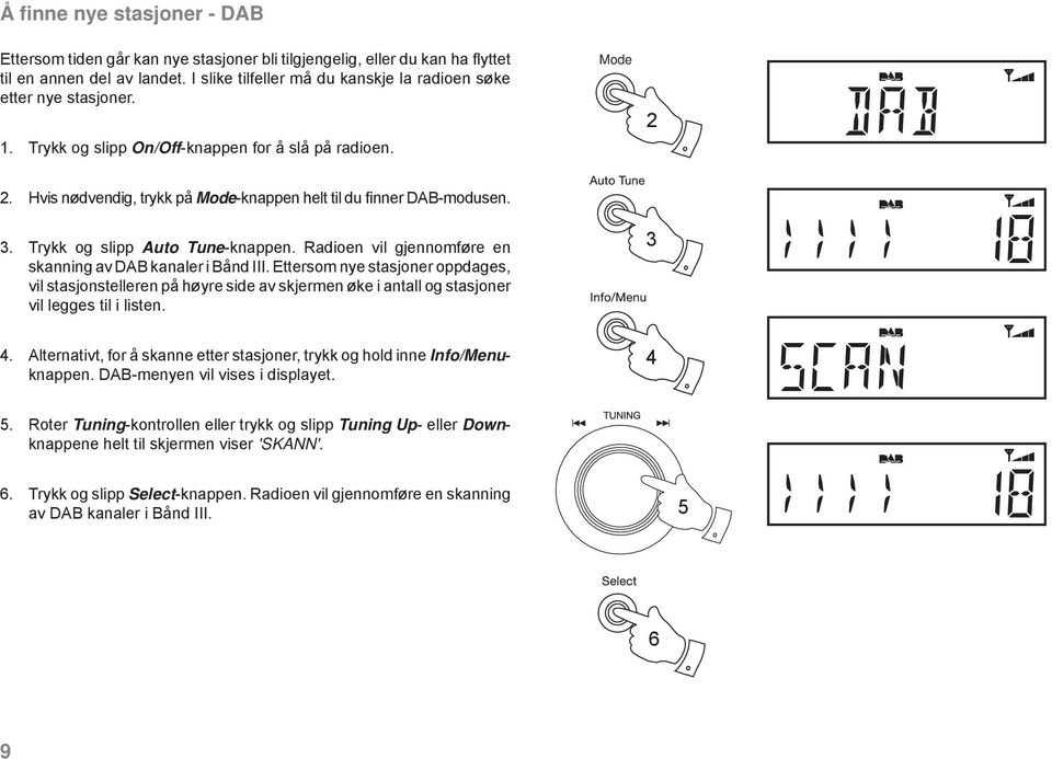 Hvis nødvendig, trykk på Mode-knappen helt til du finner DAB-modusen. 3. Trykk og slipp Auto Tune-knappen. Radioen vil gjennomføre en skanning av DAB kanaler i Bånd III.